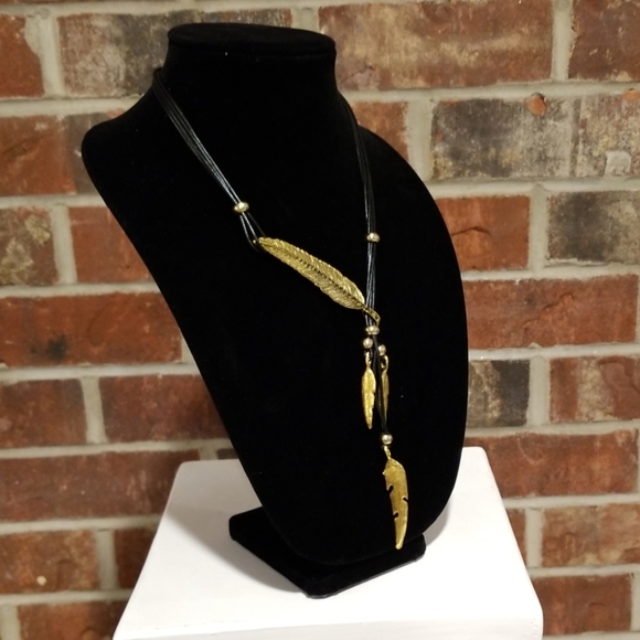 Black Leather Insipired Gold Pendant Necklace - Picture 2 of 7